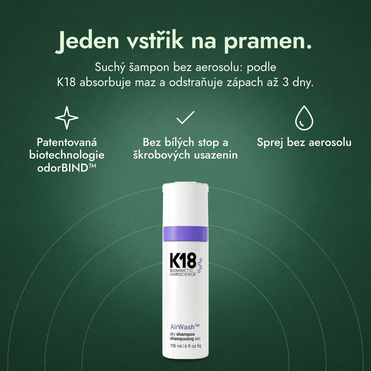 K18 AirWash suchý šampon: Jeden vstřik na pramen. Patentovaná biotechnologie odorBIND™, Bez bílých stop a škrobových usazenin, Sprej bez aerosolu