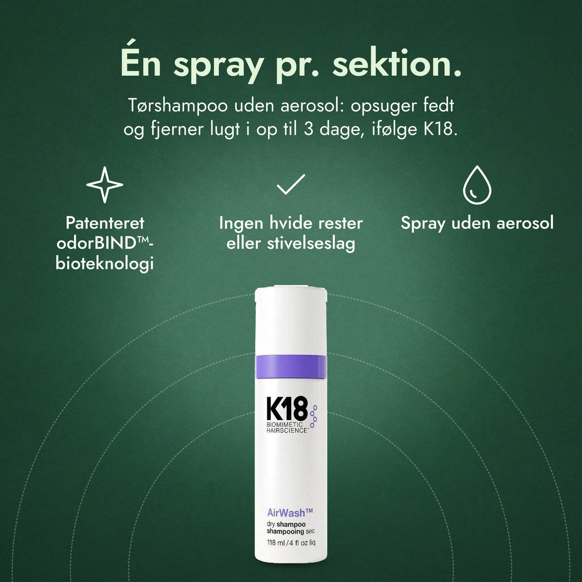 K18 AirWash Dry Shampoo: Én spray pr. sektion. Patenteret odorBIND™-bioteknologi, Ingen hvide rester eller stivelseslag, Spray uden aerosol