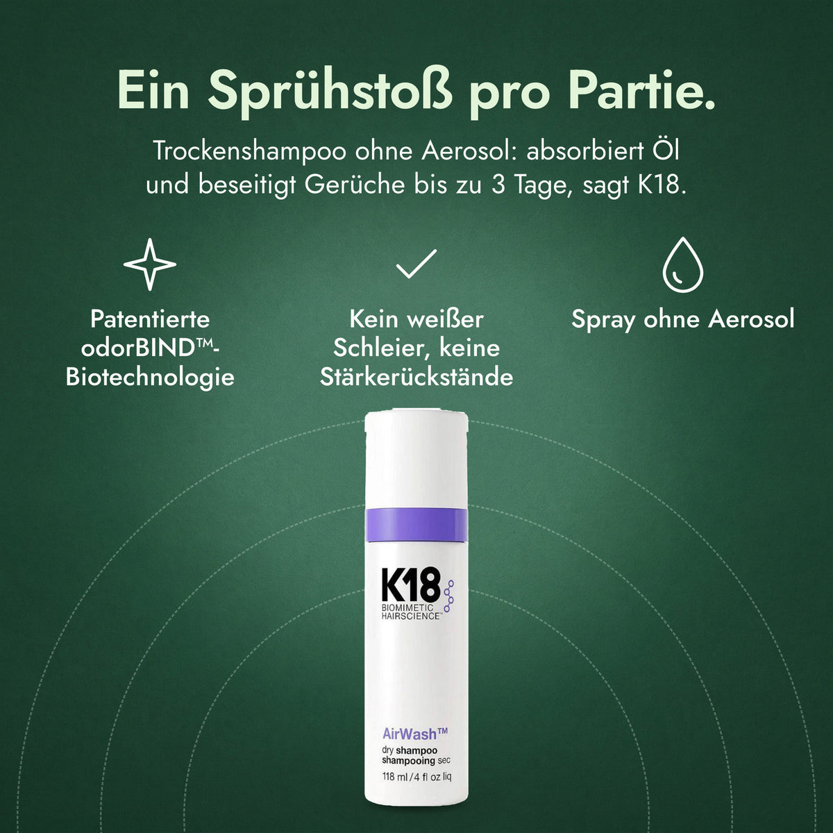 K18 AirWash Dry Shampoo: Ein Sprühstoß pro Partie. Patentierte odorBIND™-Biotechnologie, Kein weißer Schleier, keine Stärkerückstände, Spray ohne Aerosol