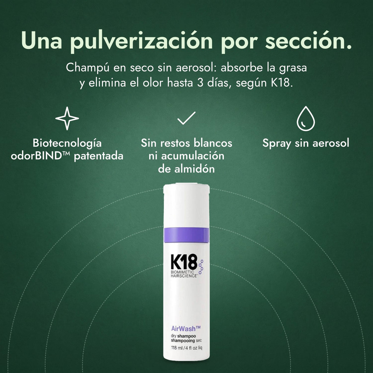K18 AirWash Champú en Seco: Una pulverización por sección. Biotecnología odorBIND™ patentada, Sin restos blancos ni acumulación de almidón, Spray sin aerosol