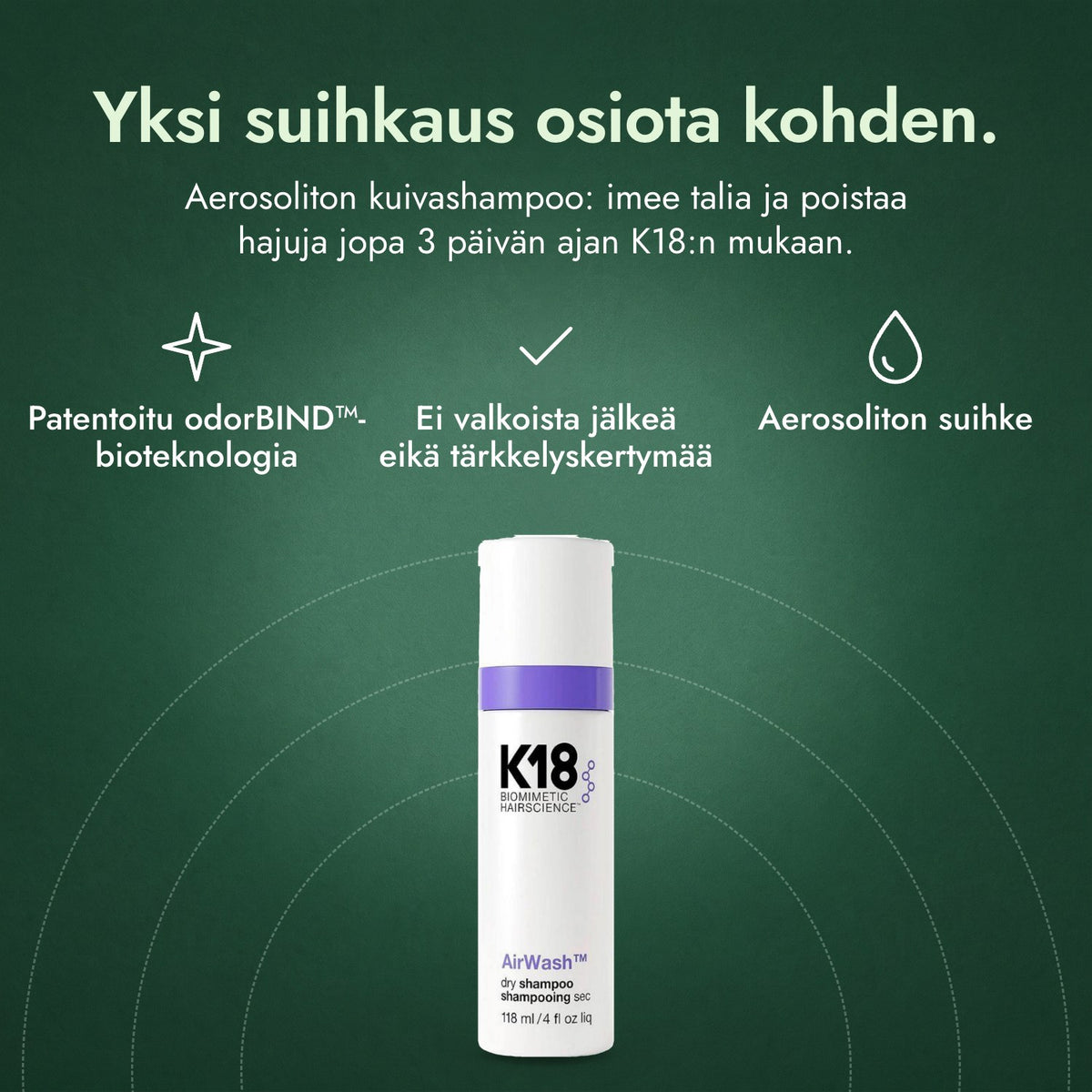 K18 AirWash -kuivashampoo: Yksi suihkaus osiota kohden. Patentoitu odorBIND™-bioteknologia, Ei valkoista jälkeä eikä tärkkelyskertymää, Aerosoliton suihke