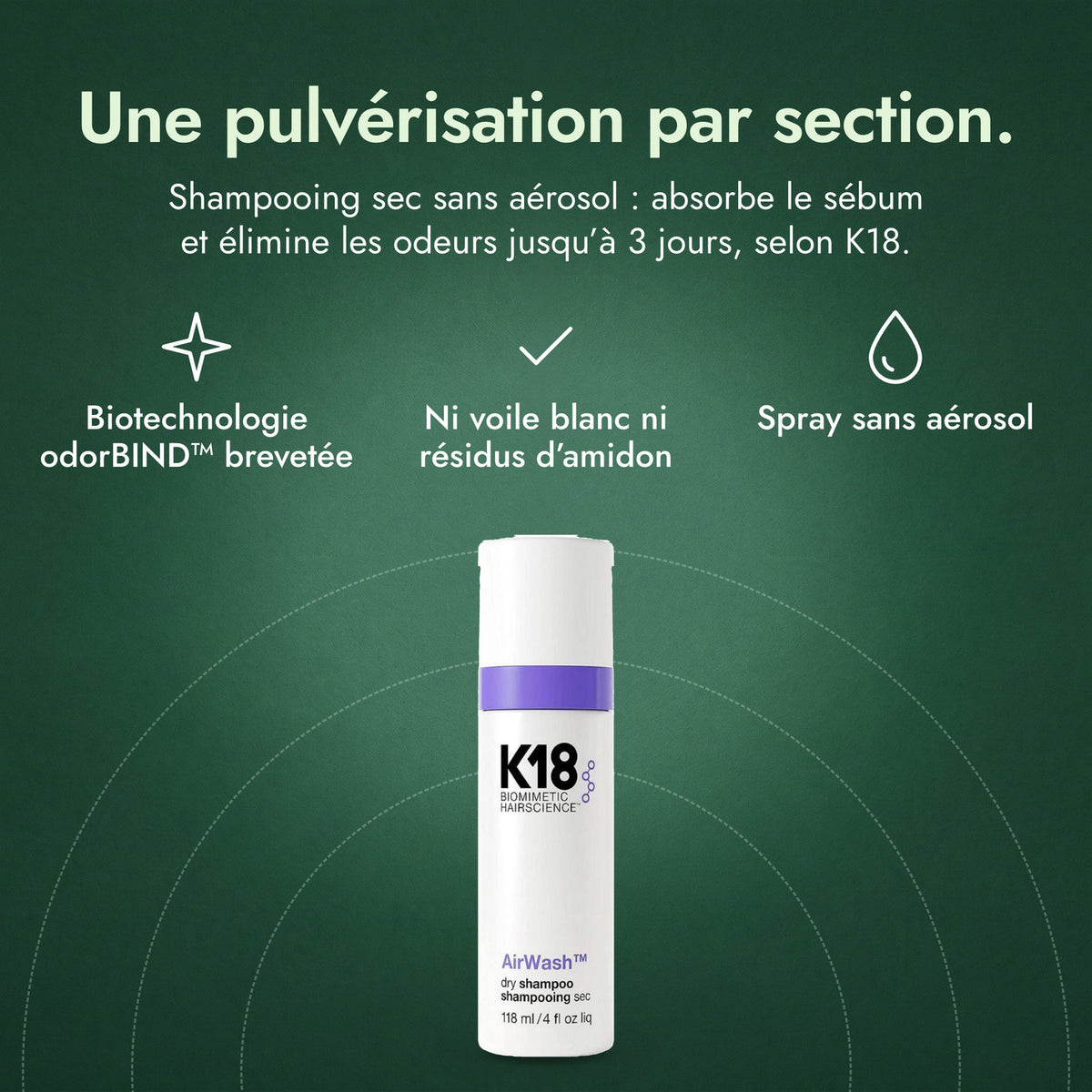 K18 AirWash Dry Shampoo: Une pulvérisation par section. Biotechnologie odorBIND™ brevetée, Ni voile blanc ni résidus d’amidon, Spray sans aérosol