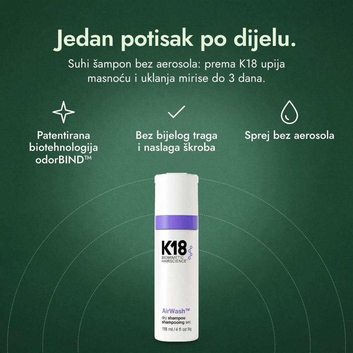 K18 AirWash suhi šampon: Jedan potisak po dijelu. Patentirana biotehnologija odorBIND™, Bez bijelog traga i naslaga škroba, Sprej bez aerosola