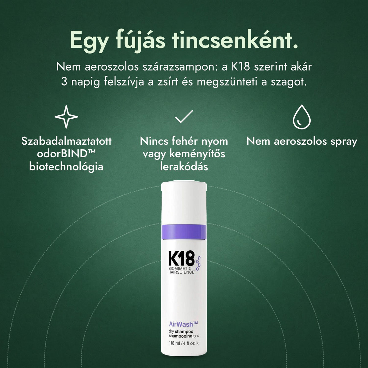 K18 AirWash szárazsampon: Egy fújás tincsenként. Szabadalmaztatott odorBIND™ biotechnológia, Nincs fehér nyom vagy keményítős lerakódás, Nem aeroszolos spray