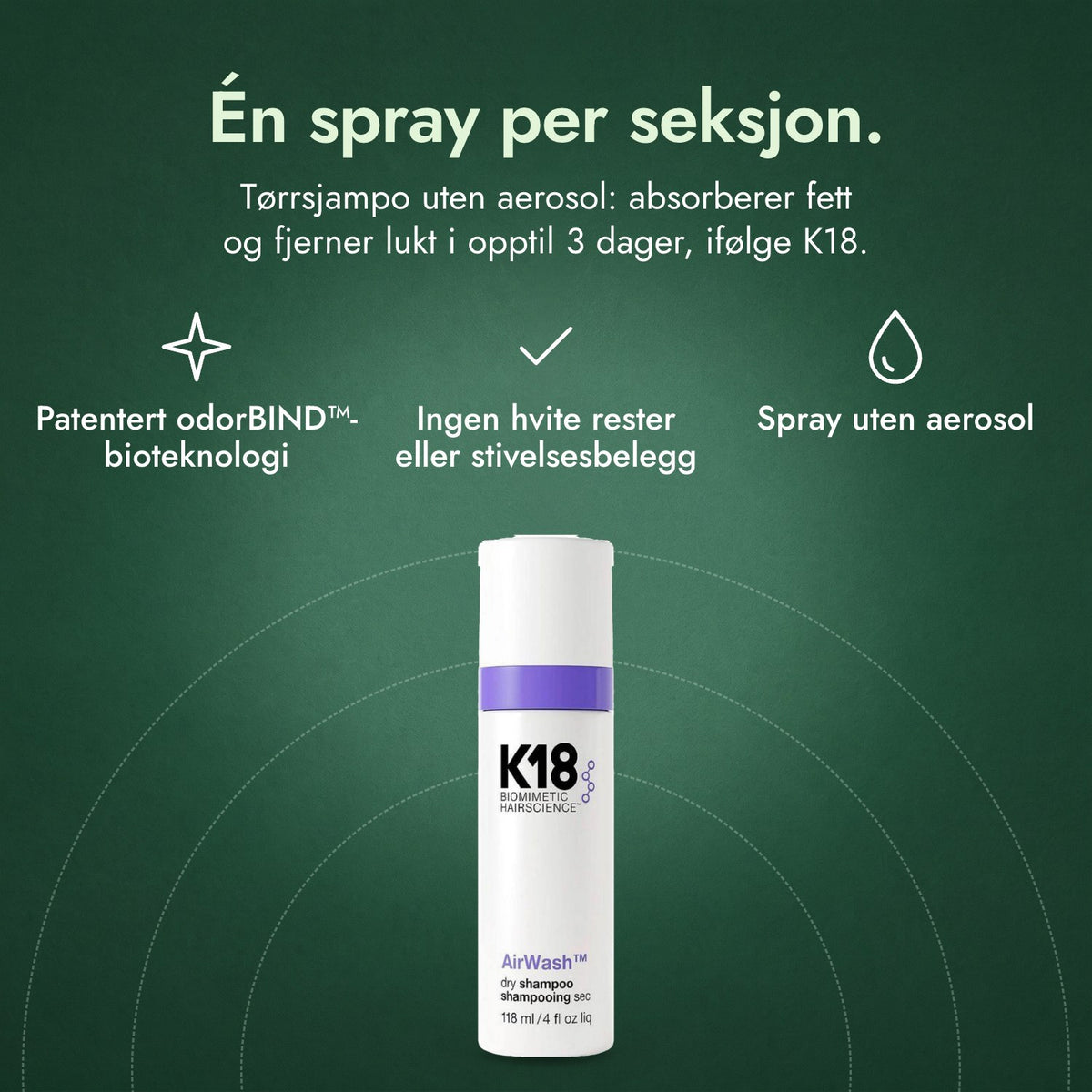 K18 AirWash tørrsjampo: Én spray per seksjon. Patentert odorBIND™-bioteknologi, Ingen hvite rester eller stivelsesbelegg, Spray uten aerosol