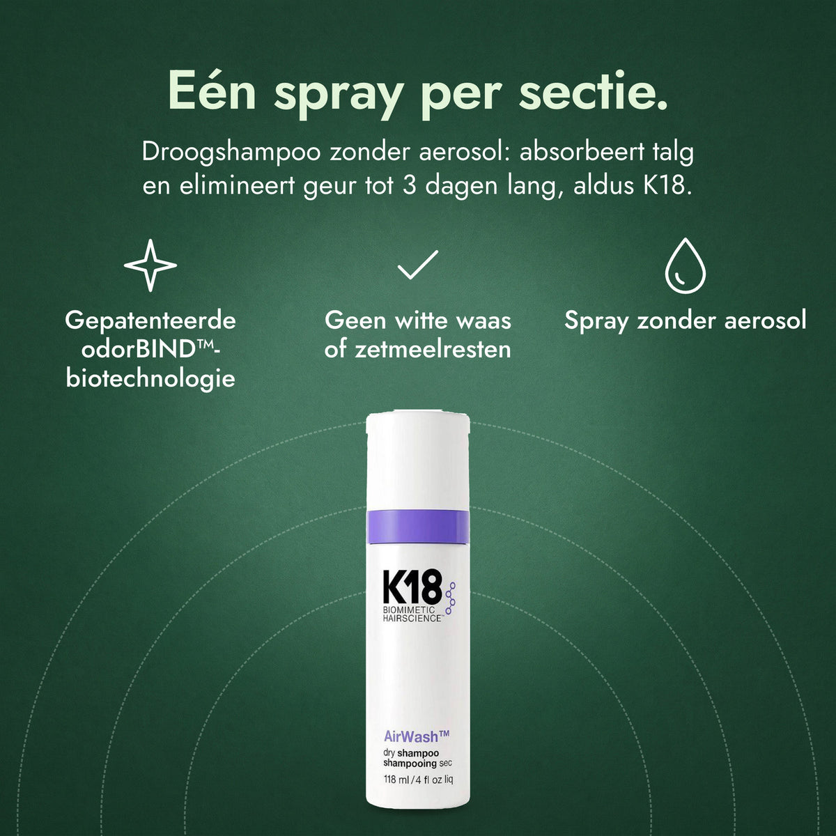 K18 AirWash Dry Shampoo: Eén spray per sectie. Gepatenteerde odorBIND™-biotechnologie, Geen witte waas of zetmeelresten, Spray zonder aerosol