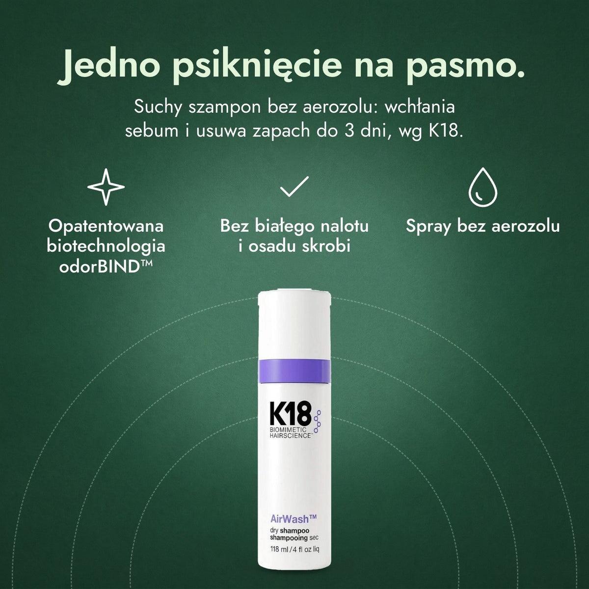 K18 AirWash suchy szampon: Jedno psiknięcie na pasmo. Opatentowana biotechnologia odorBIND™, Bez białego nalotu i osadu skrobi, Spray bez aerozolu
