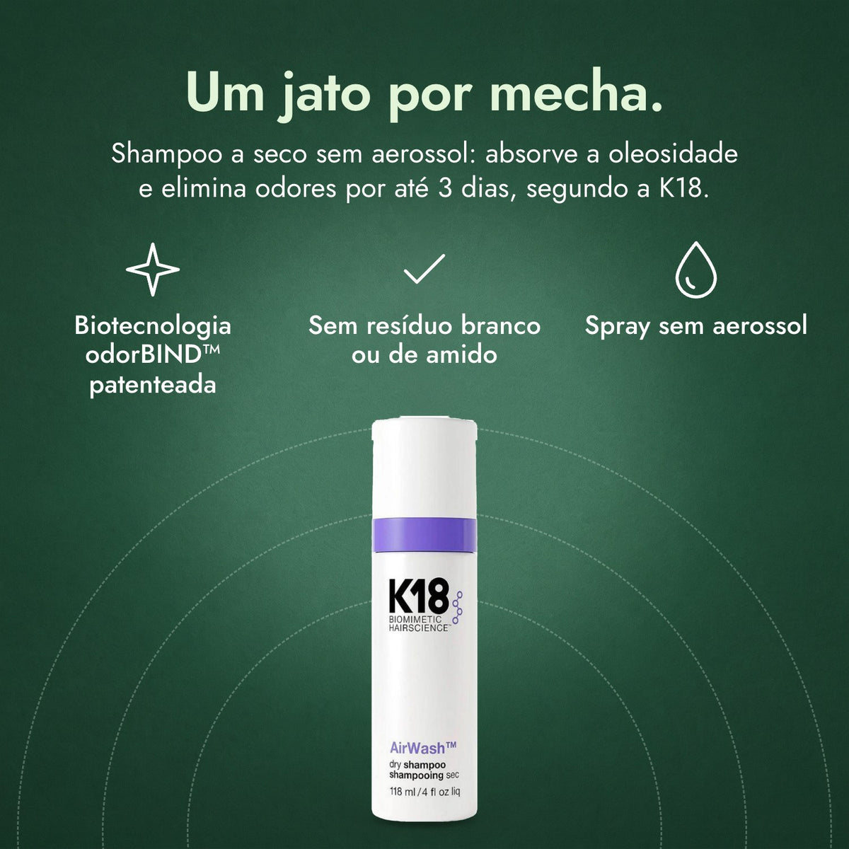 K18 AirWash Dry Shampoo: Um jato por mecha. Biotecnologia odorBIND™ patenteada, Sem resíduo branco ou de amido, Spray sem aerossol