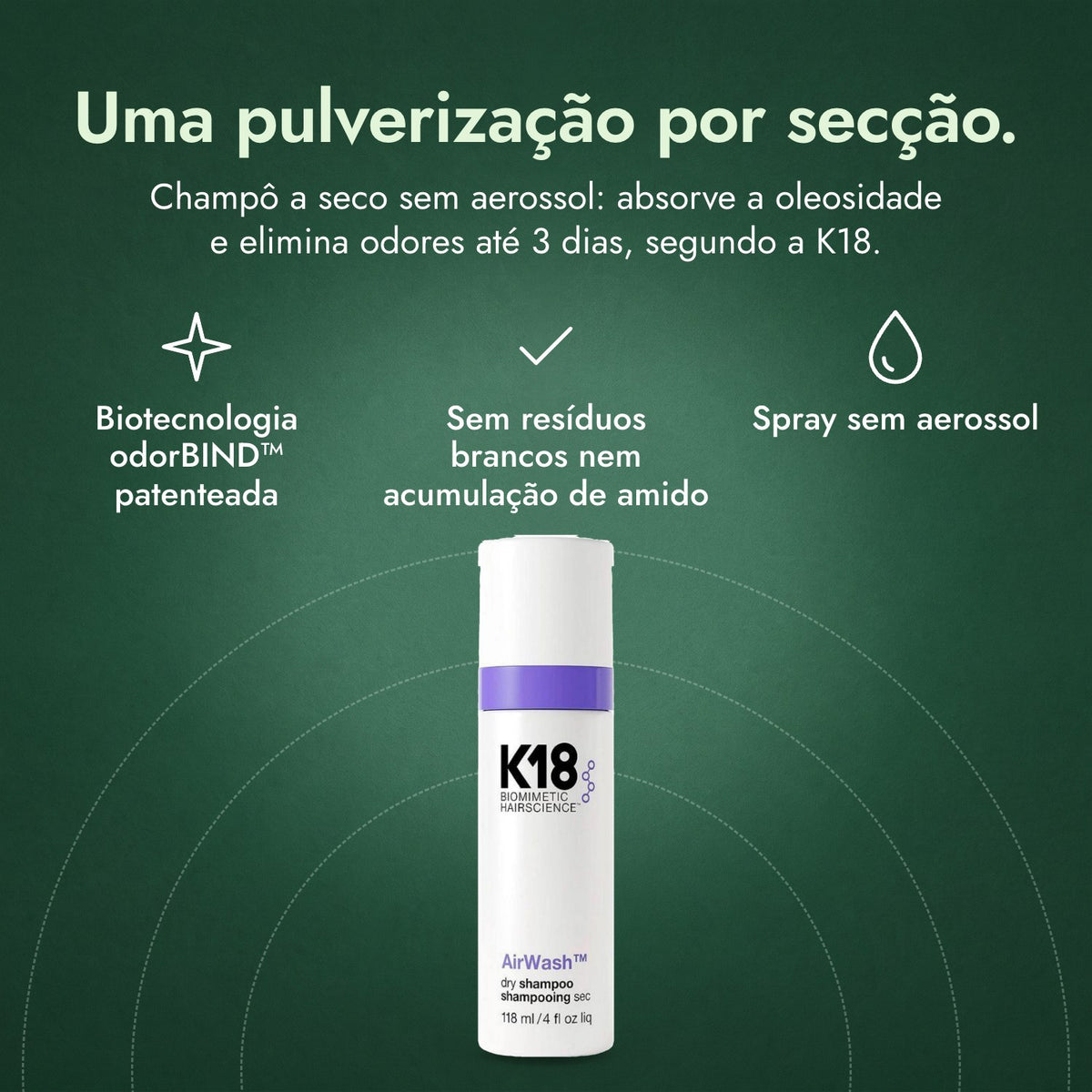 K18 AirWash Champô a Seco: Uma pulverização por secção. Biotecnologia odorBIND™ patenteada, Sem resíduos brancos nem acumulação de amido, Spray sem aerossol