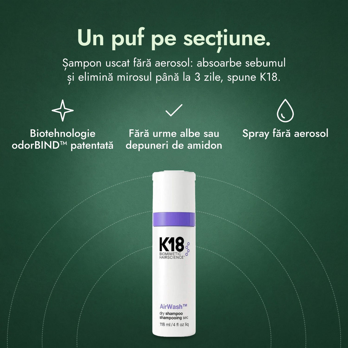 K18 AirWash șampon uscat: Un puf pe secțiune. Biotehnologie odorBIND™ patentată, Fără urme albe sau depuneri de amidon, Spray fără aerosol