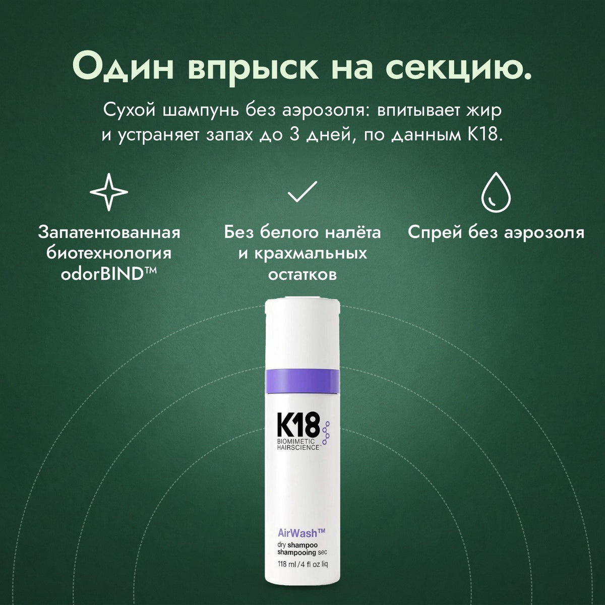 Сухой шампунь K18 AirWash: Один впрыск на секцию. Запатентованная биотехнология odorBIND™, Без белого налёта и крахмальных остатков, Спрей без аэрозоля