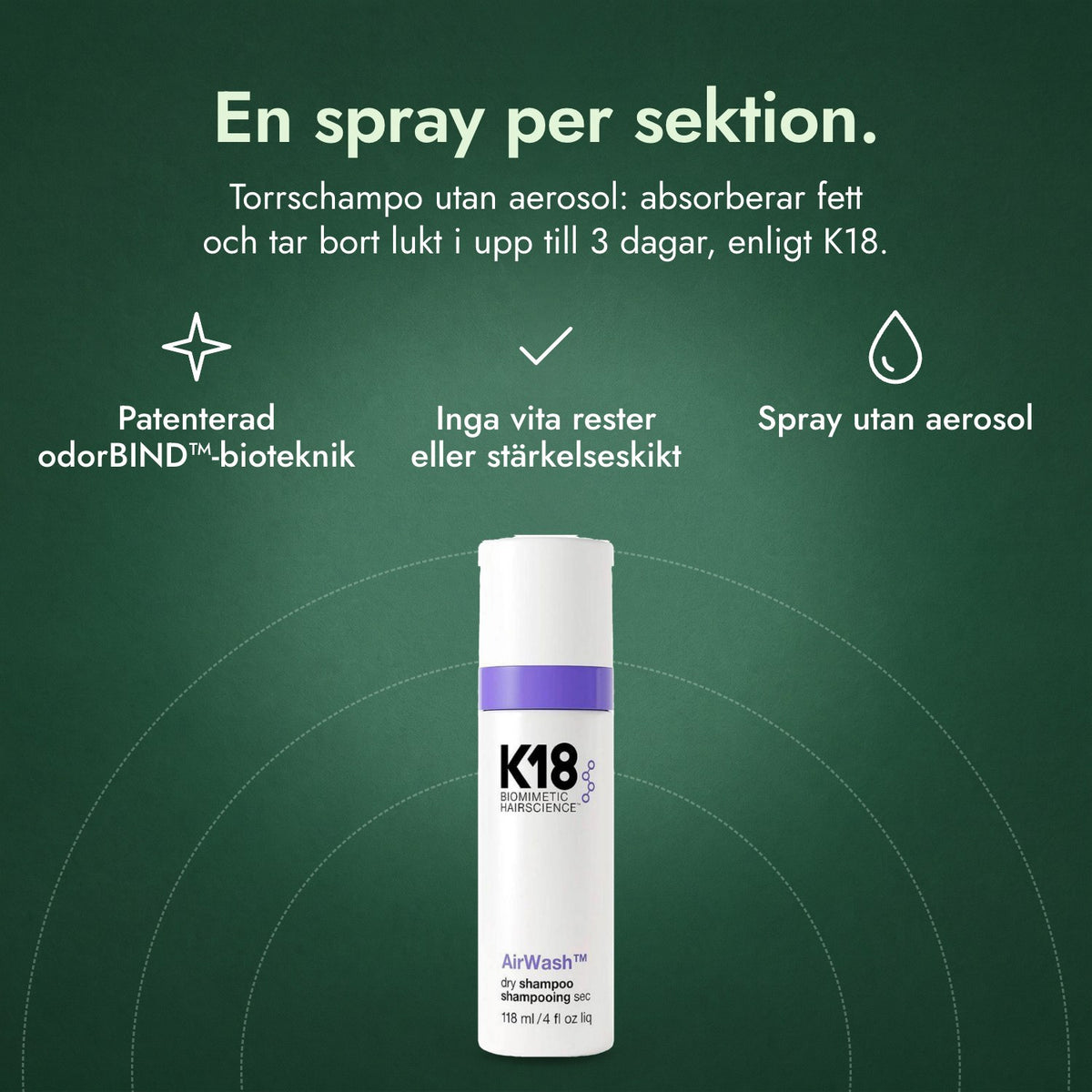 K18 AirWash Dry Shampoo: En spray per sektion. Patenterad odorBIND™-bioteknik, Inga vita rester eller stärkelseskikt, Spray utan aerosol