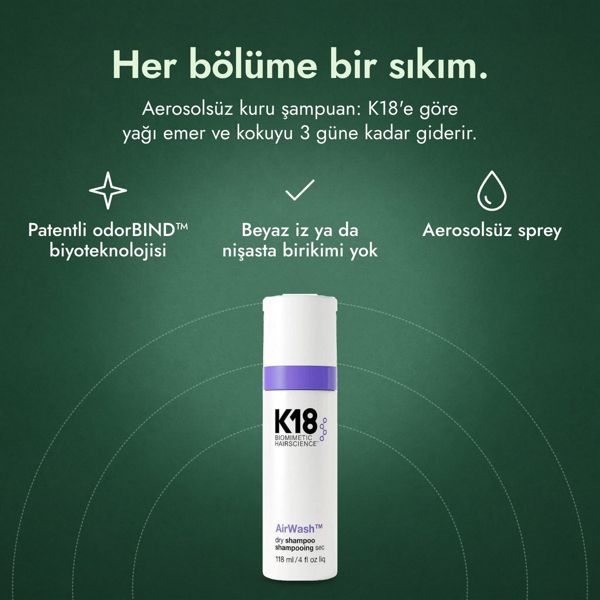 K18 AirWash kuru şampuan: Her bölüme bir sıkım. Patentli odorBIND™ biyoteknolojisi, Beyaz iz ya da nişasta birikimi yok, Aerosolsüz sprey