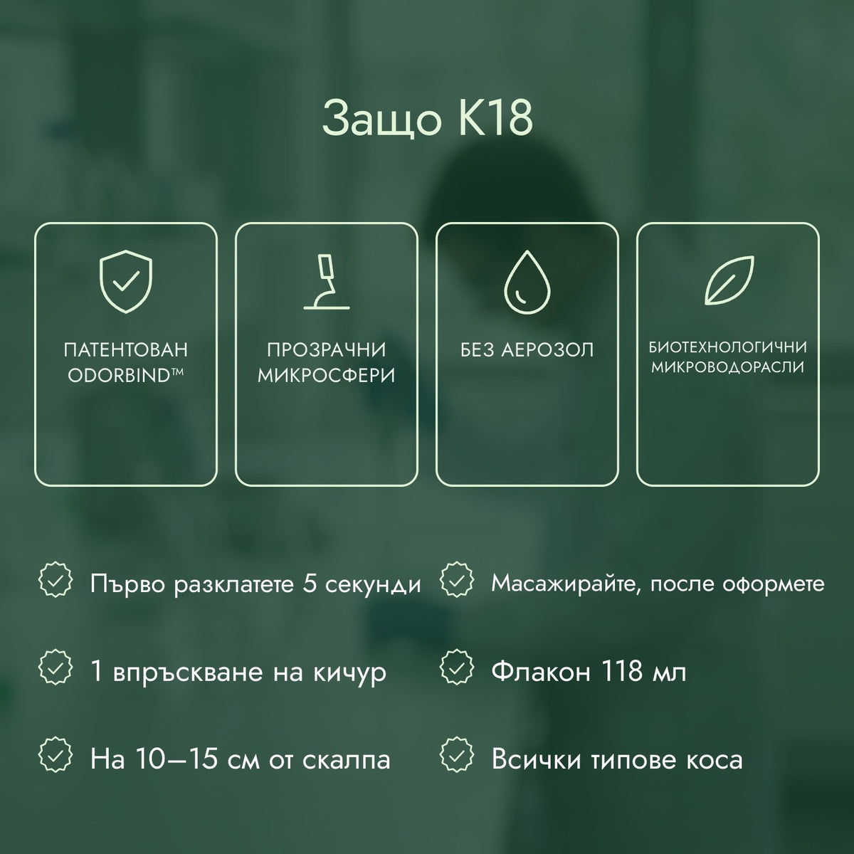 Защо K18: Патентован odorBIND™, Прозрачни микросфери, Без аерозол, Биотехнологични микроводорасли