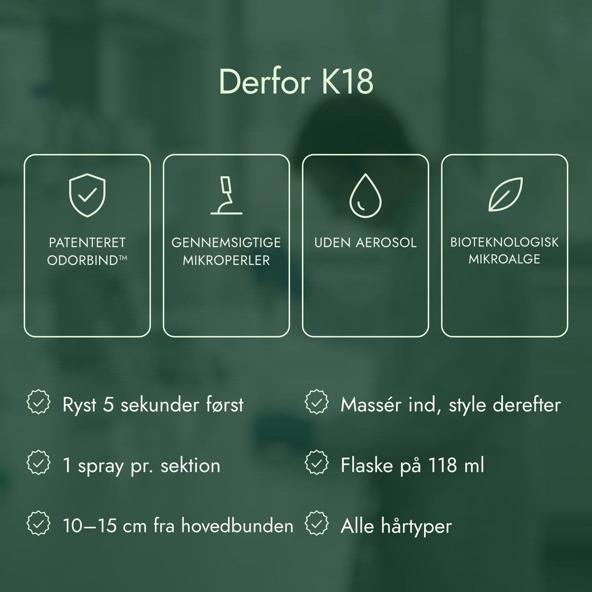Derfor K18: Patenteret odorBIND™, Gennemsigtige mikroperler, Uden aerosol, Bioteknologisk mikroalge