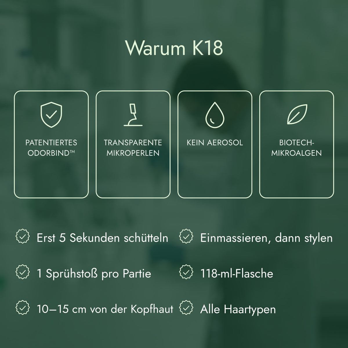 Warum K18: Patentiertes odorBIND™, Transparente Mikroperlen, Kein Aerosol, Biotech-Mikroalgen