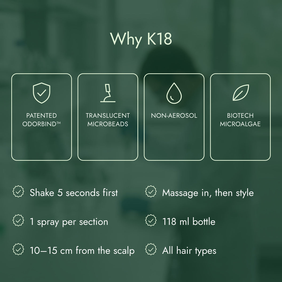 Why K18: Patented odorBIND™, Translucent microbeads, Non-aerosol, Biotech microalgae