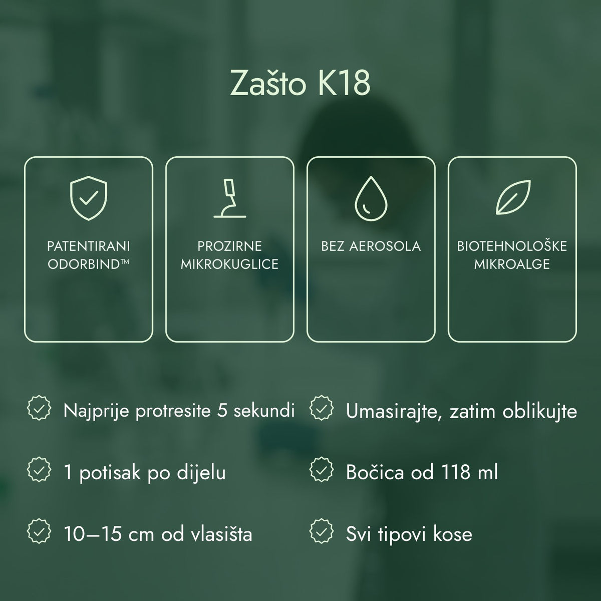 Zašto K18: Patentirani odorBIND™, Prozirne mikrokuglice, Bez aerosola, Biotehnološke mikroalge