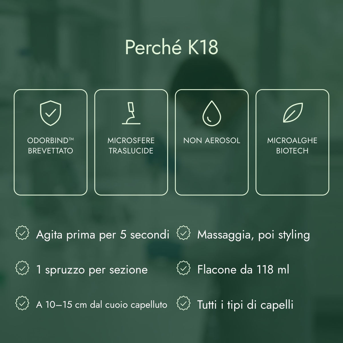 Perché K18: odorBIND™ brevettato, Microsfere traslucide, Non aerosol, Microalghe biotech