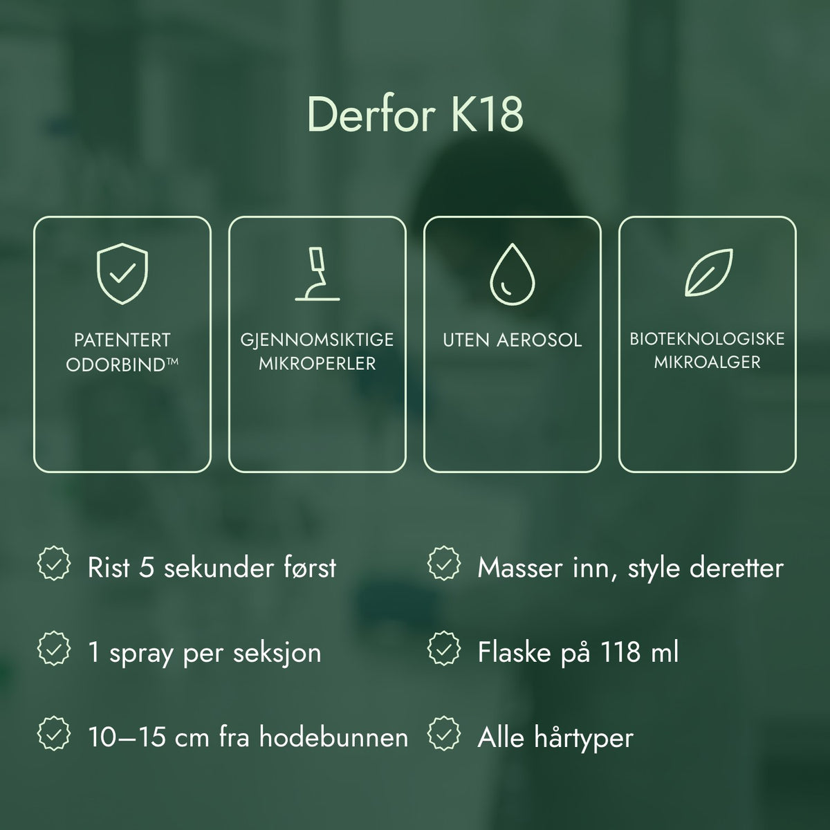 Derfor K18: Patentert odorBIND™, Gjennomsiktige mikroperler, Uten aerosol, Bioteknologiske mikroalger