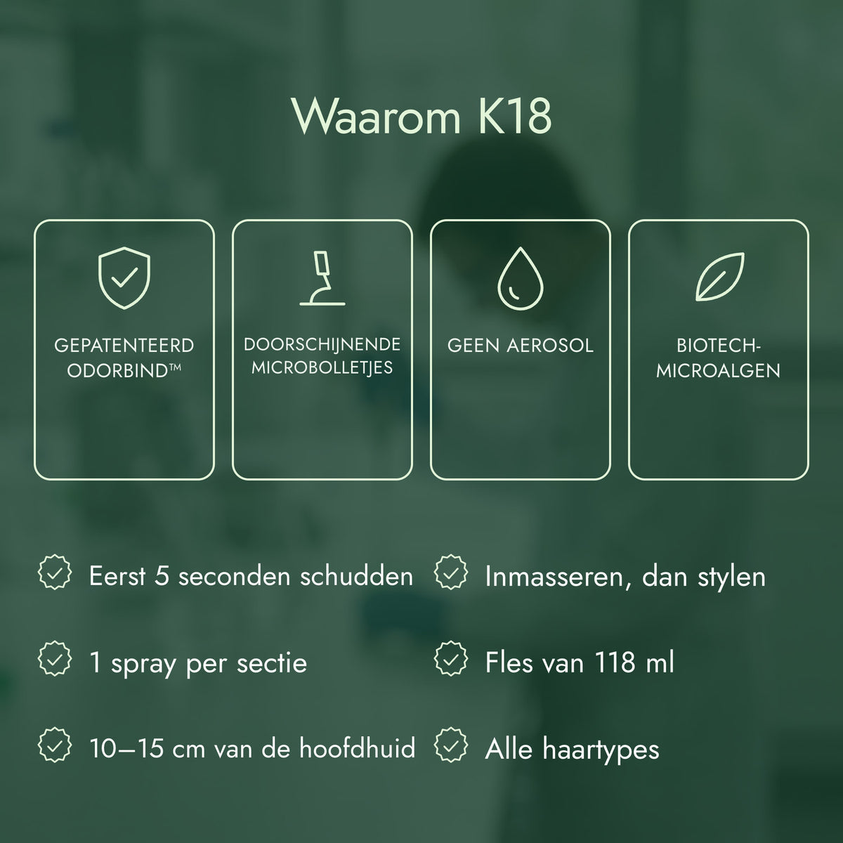 Waarom K18: Gepatenteerd odorBIND™, Doorschijnende microbolletjes, Geen aerosol, Biotech-microalgen