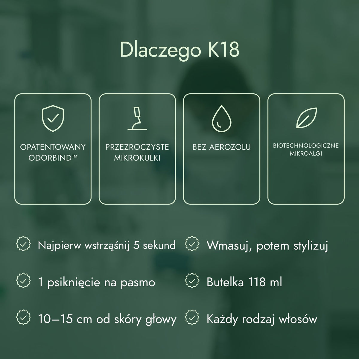 Dlaczego K18: Opatentowany odorBIND™, Przezroczyste mikrokulki, Bez aerozolu, Biotechnologiczne mikroalgi
