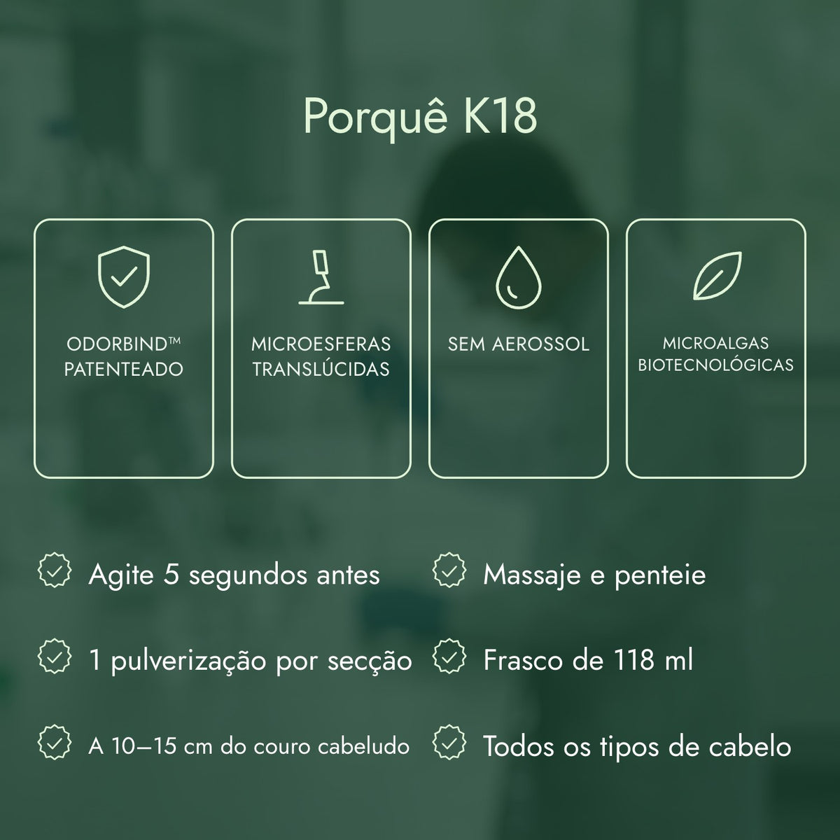 Porquê K18: odorBIND™ patenteado, Microesferas translúcidas, Sem aerossol, Microalgas biotecnológicas