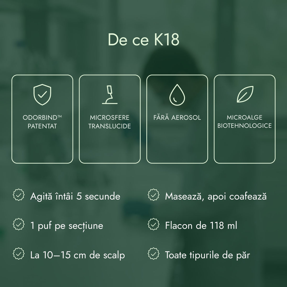 De ce K18: odorBIND™ patentat, Microsfere translucide, Fără aerosol, Microalge biotehnologice