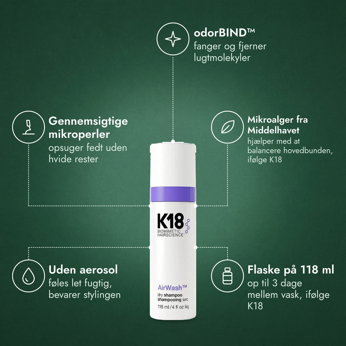K18 AirWash Dry Shampoo: odorBIND™, Gennemsigtige mikroperler, Mikroalger fra Middelhavet, Uden aerosol, Flaske på 118 ml
