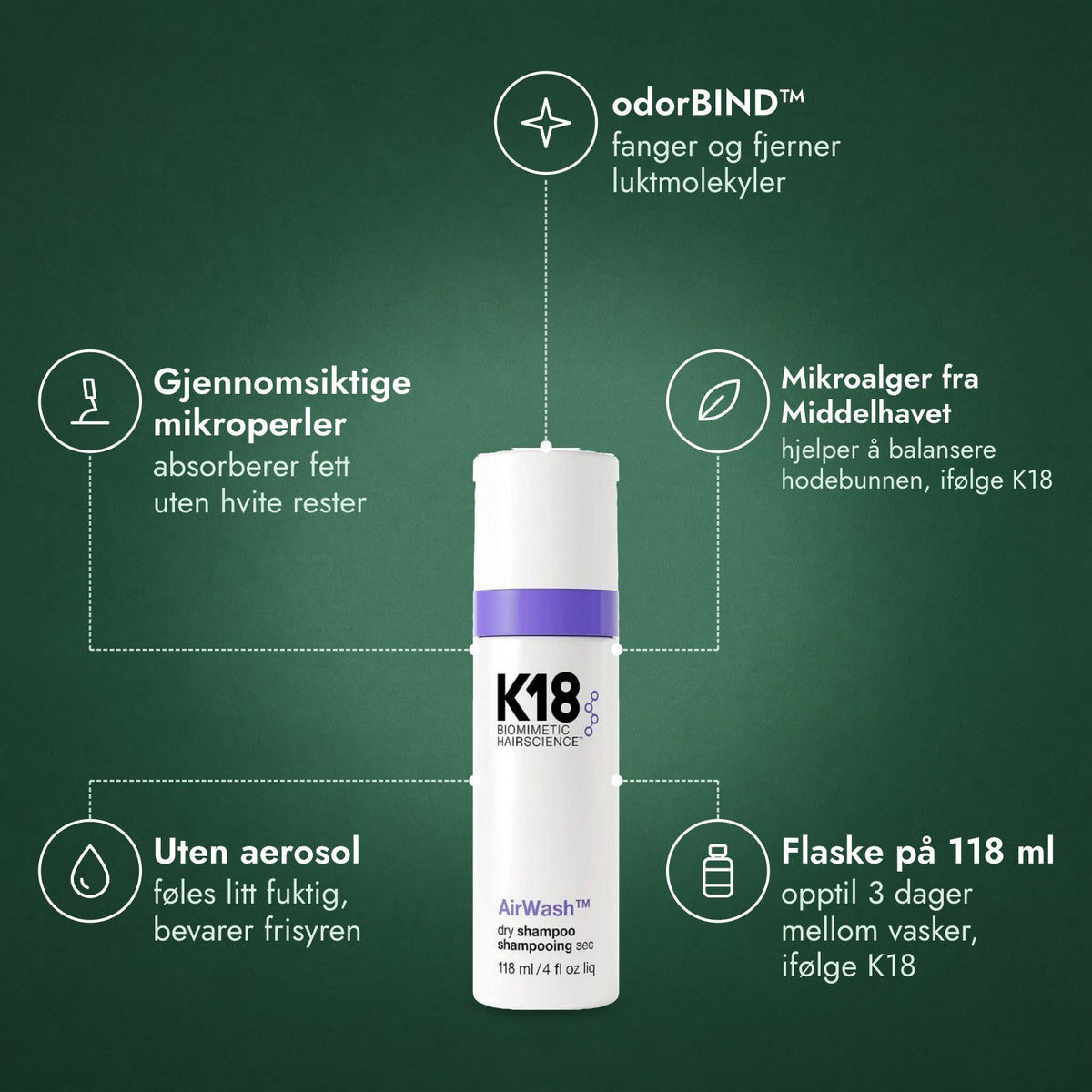 K18 AirWash tørrsjampo: odorBIND™, Gjennomsiktige mikroperler, Mikroalger fra Middelhavet, Uten aerosol, Flaske på 118 ml