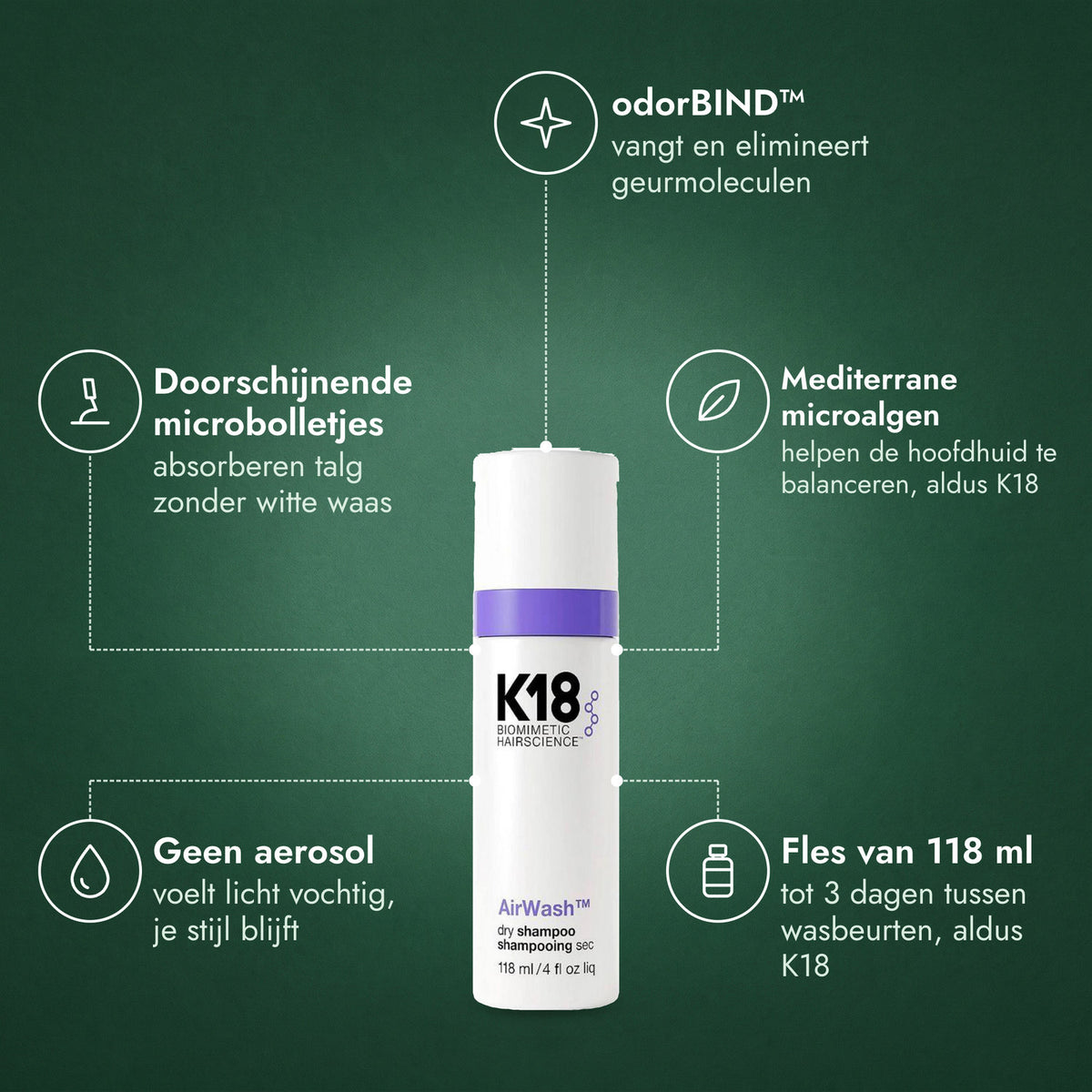 K18 AirWash Dry Shampoo: odorBIND™, Doorschijnende microbolletjes, Mediterrane microalgen, Geen aerosol, Fles van 118 ml