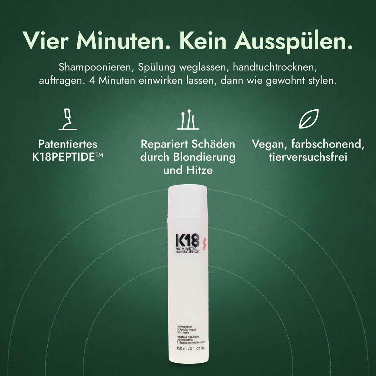 K18 Leave-In Molecular Repair Hair Mask: Vier Minuten. Kein Ausspülen. Patentiertes K18PEPTIDE™, Repariert Schäden durch Blondierung und Hitze, Vegan, farbschonend, tierversuchsfrei
