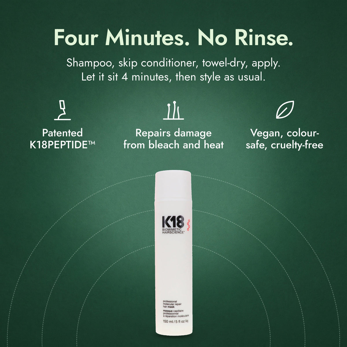 K18 Leave-In Molecular Repair Hair Mask: Four Minutes. No Rinse. Patented K18PEPTIDE™, Repairs damage from bleach and heat, Vegan, colour-safe, cruelty-free