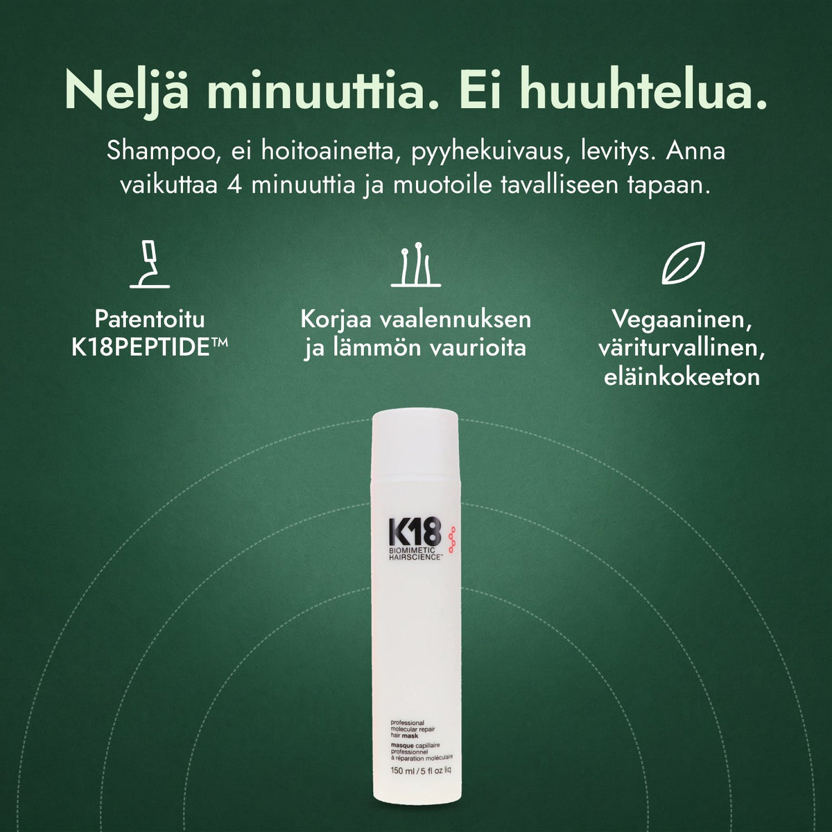 K18 Leave-In Molecular Repair -hiusnaamio: Neljä minuuttia. Ei huuhtelua. Patentoitu K18PEPTIDE™, Korjaa vaalennuksen ja lämmön vaurioita, Vegaaninen, väriturvallinen, eläinkokeeton