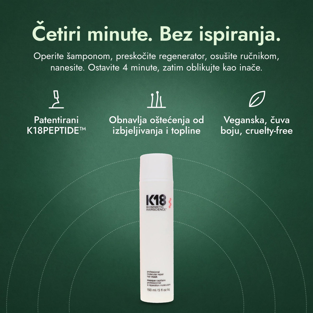 K18 Leave-In Molecular Repair Hair Mask: Četiri minute. Bez ispiranja. Patentirani K18PEPTIDE™, Obnavlja oštećenja od izbjeljivanja i topline, Veganska, čuva boju, cruelty-free