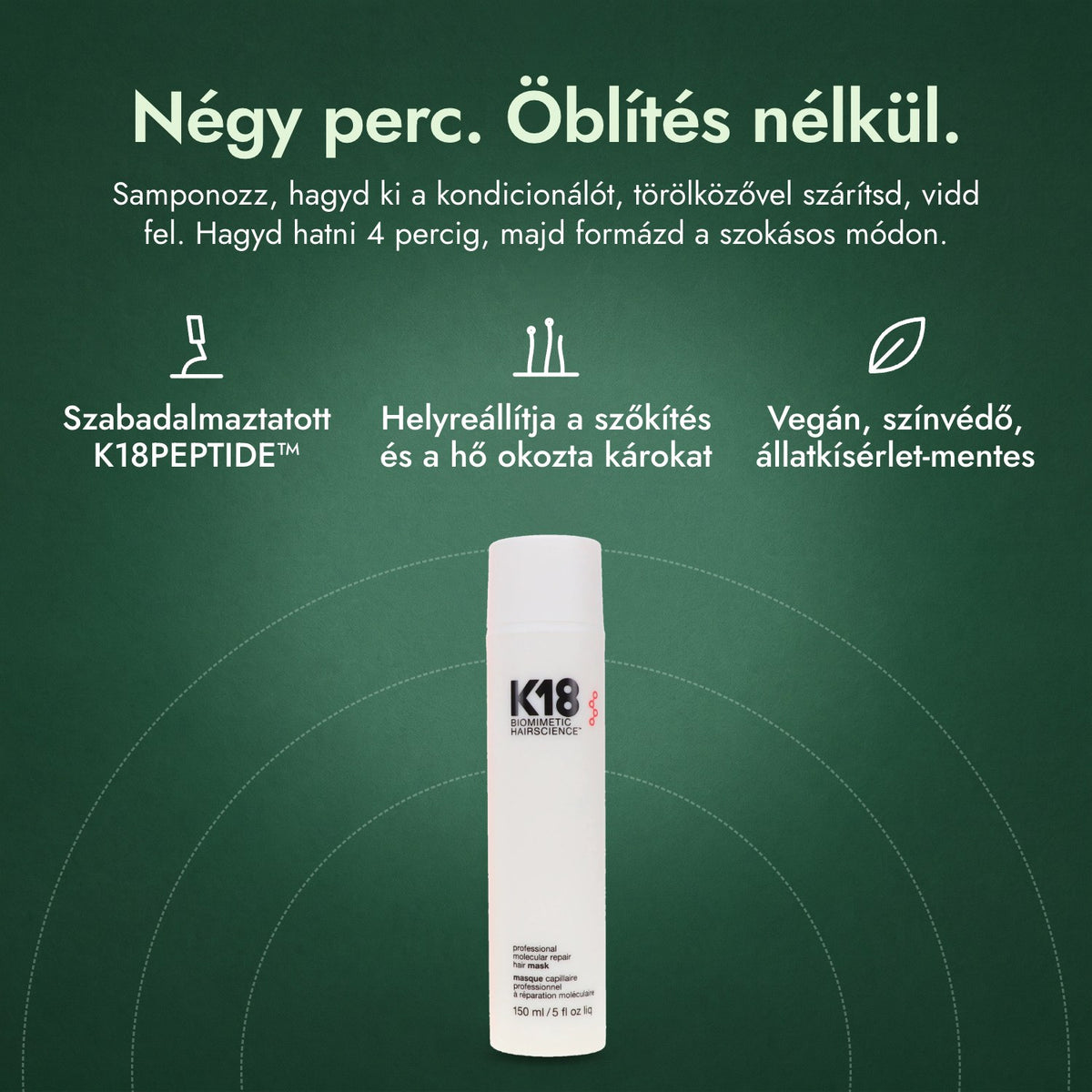 K18 Leave-In Molecular Repair Hair Mask: Négy perc. Öblítés nélkül. Szabadalmaztatott K18PEPTIDE™, Helyreállítja a szőkítés és a hő okozta károkat, Vegán, színvédő, állatkísérlet-mentes