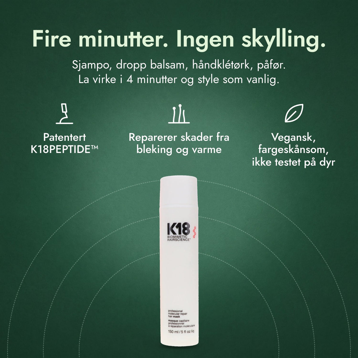 K18 Leave-In Molecular Repair hårmaske: Fire minutter. Ingen skylling. Patentert K18PEPTIDE™, Reparerer skader fra bleking og varme, Vegansk, fargeskånsom, ikke testet på dyr