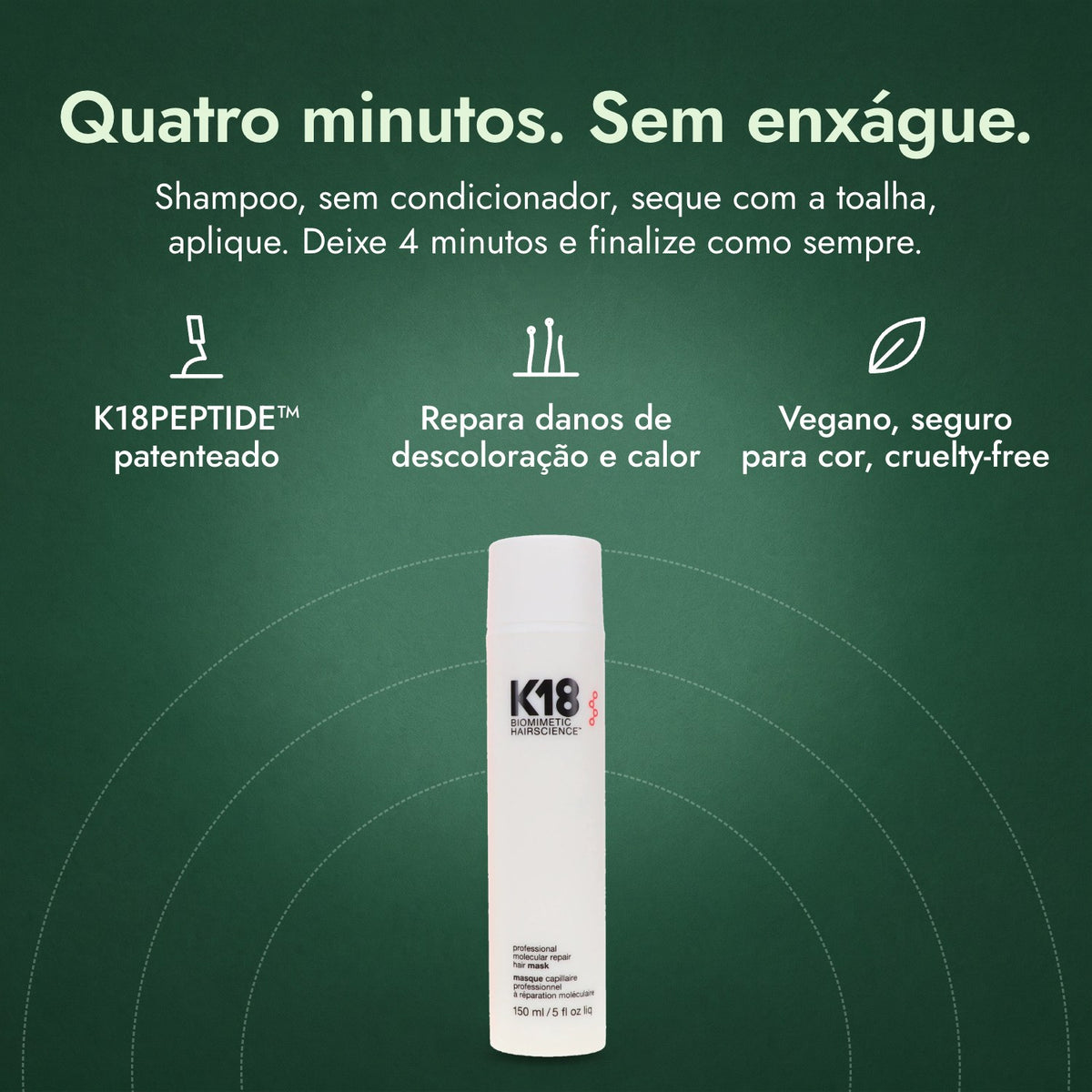 K18 Leave-In Molecular Repair Hair Mask: Quatro minutos. Sem enxágue. K18PEPTIDE™ patenteado, Repara danos de descoloração e calor, Vegano, seguro para cor, cruelty-free