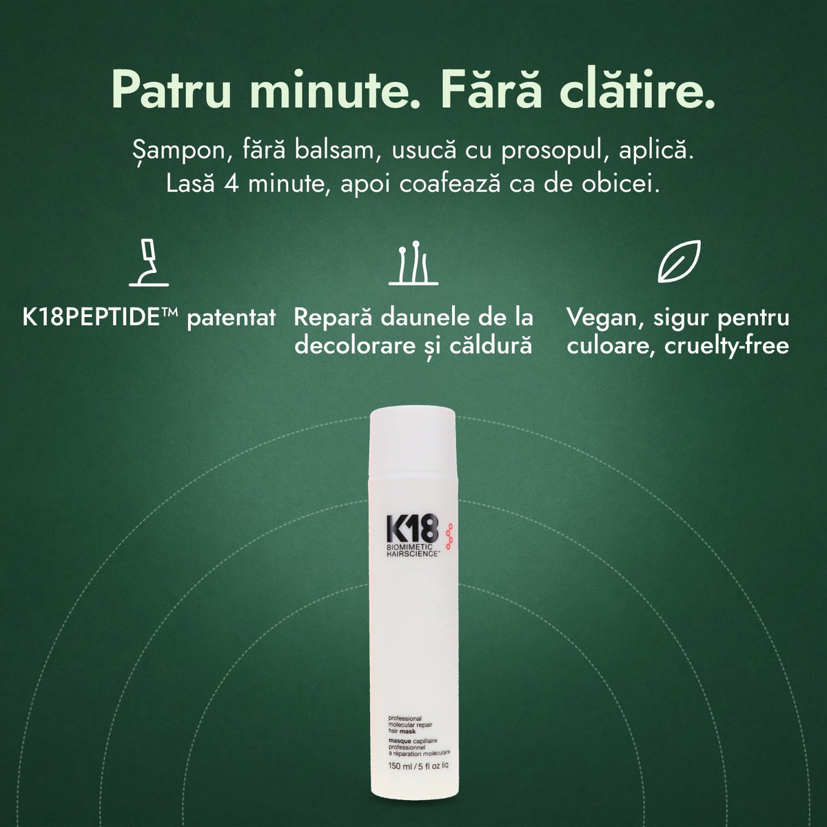 K18 Leave-In Molecular Repair mască de păr: Patru minute. Fără clătire. K18PEPTIDE™ patentat, Repară daunele de la decolorare și căldură, Vegan, sigur pentru culoare, cruelty-free