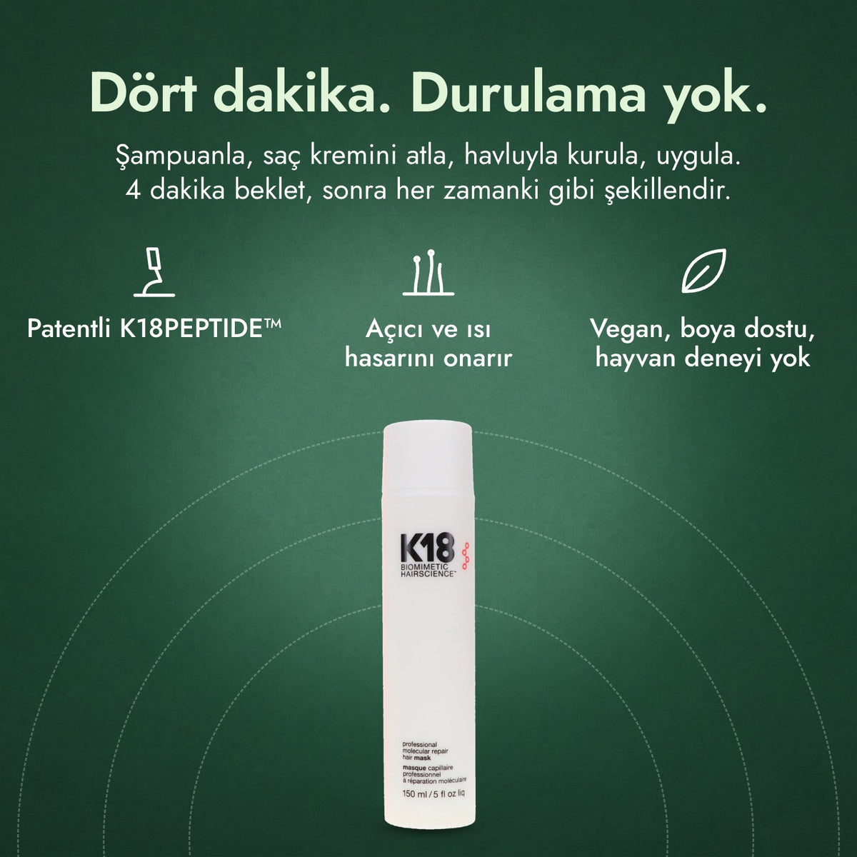K18 Leave-In Molecular Repair saç maskesi: Dört dakika. Durulama yok. Patentli K18PEPTIDE™, Açıcı ve ısı hasarını onarır, Vegan, boya dostu, hayvan deneyi yok