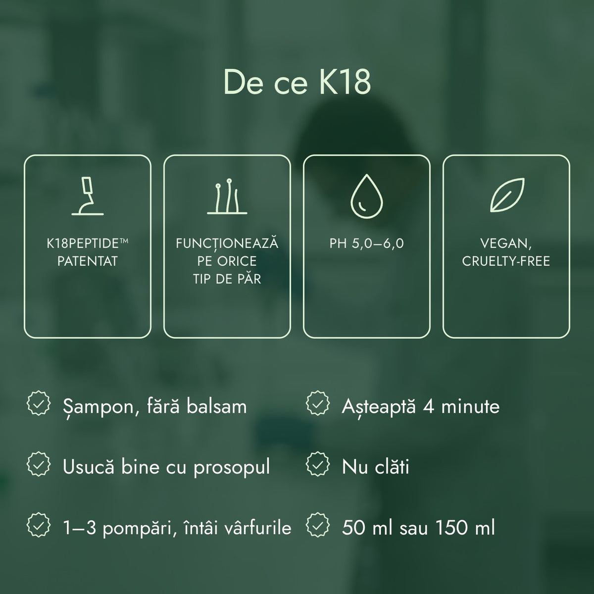 De ce K18: K18PEPTIDE™ patentat, Funcționează pe orice tip de păr, pH 5,0–6,0, Vegan, cruelty-free