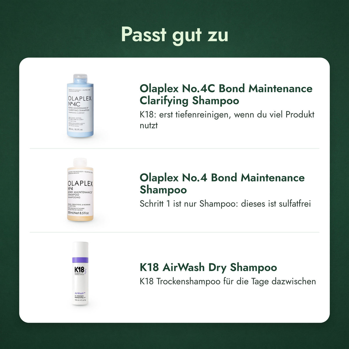 Passt gut zu: Olaplex No.4C Bond Maintenance Clarifying Shampoo, Olaplex No.4 Bond Maintenance Shampoo, K18 AirWash Dry Shampoo