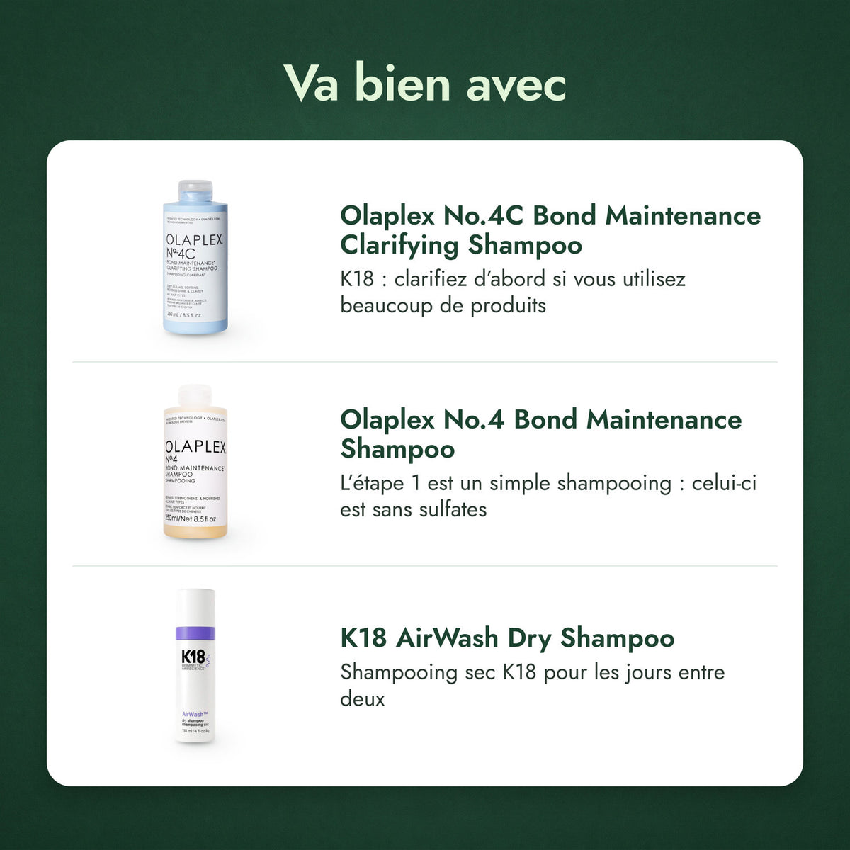 Va bien avec: Olaplex No.4C Bond Maintenance Clarifying Shampoo, Olaplex No.4 Bond Maintenance Shampoo, K18 AirWash Dry Shampoo