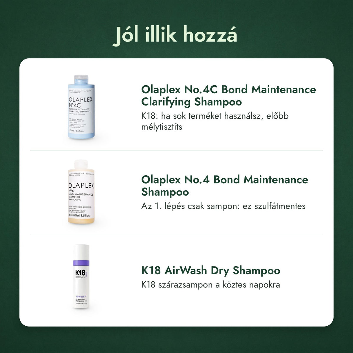 Jól illik hozzá: Olaplex No.4C Bond Maintenance Clarifying Shampoo, Olaplex No.4 Bond Maintenance Shampoo, K18 AirWash szárazsampon