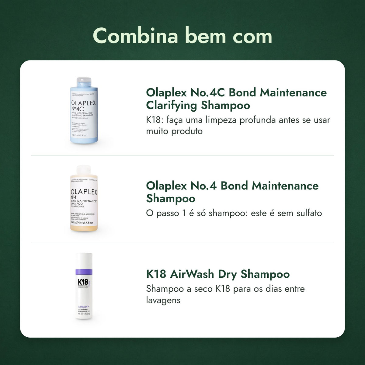 Combina bem com: Olaplex No.4C Bond Maintenance Clarifying Shampoo, Olaplex No.4 Bond Maintenance Shampoo, K18 AirWash Dry Shampoo