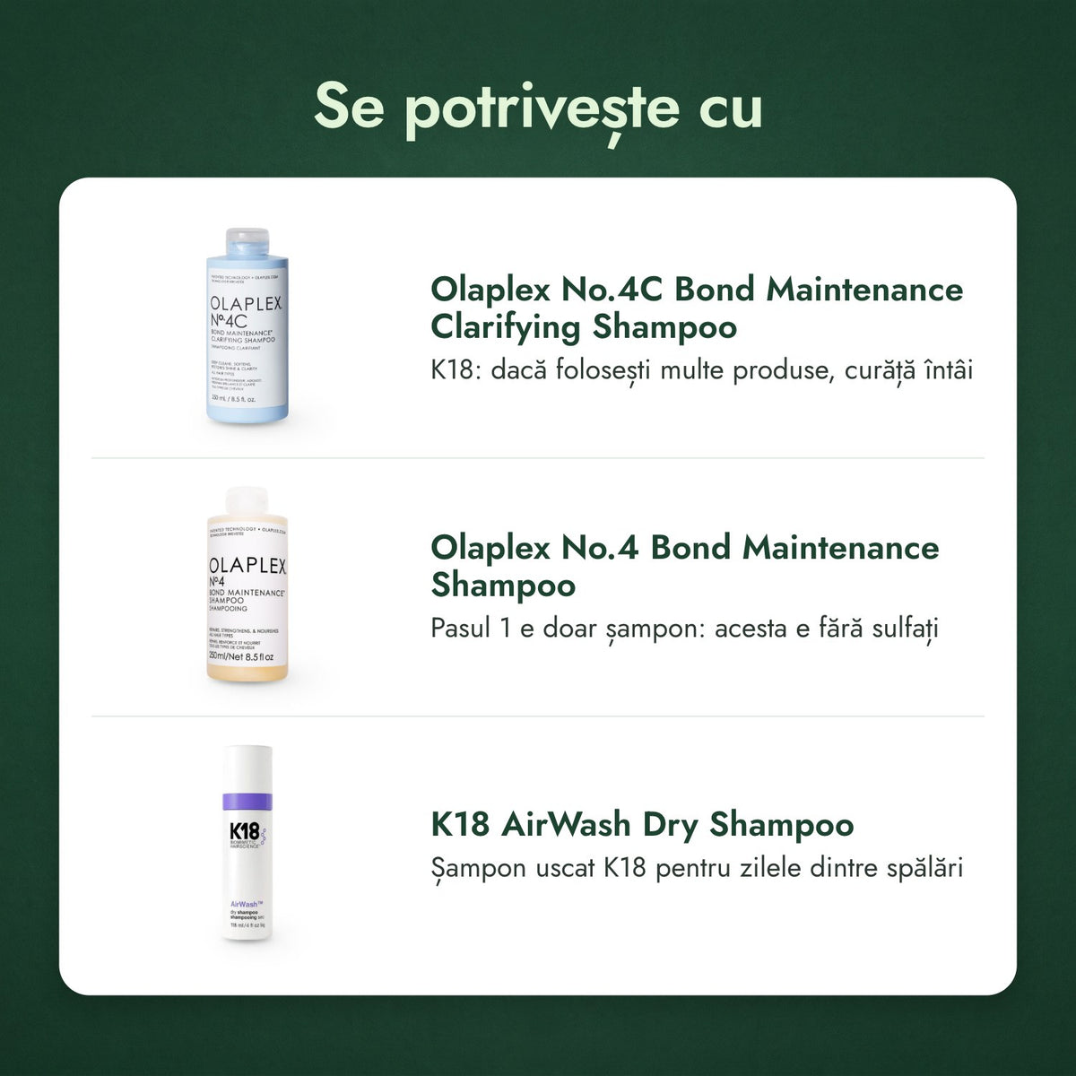 Se potrivește cu: Olaplex No.4C Bond Maintenance șampon de curățare, Olaplex No.4 Bond Maintenance șampon, K18 AirWash șampon uscat
