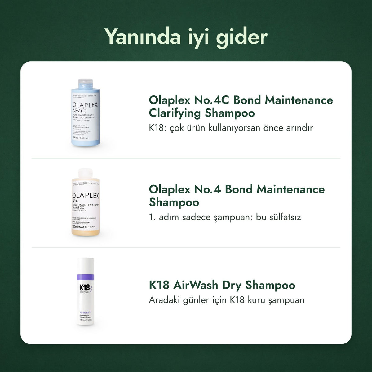 Yanında iyi gider: Olaplex No.4C Bond Maintenance arındırıcı şampuan, Olaplex No.4 Bond Maintenance şampuan, K18 AirWash kuru şampuan
