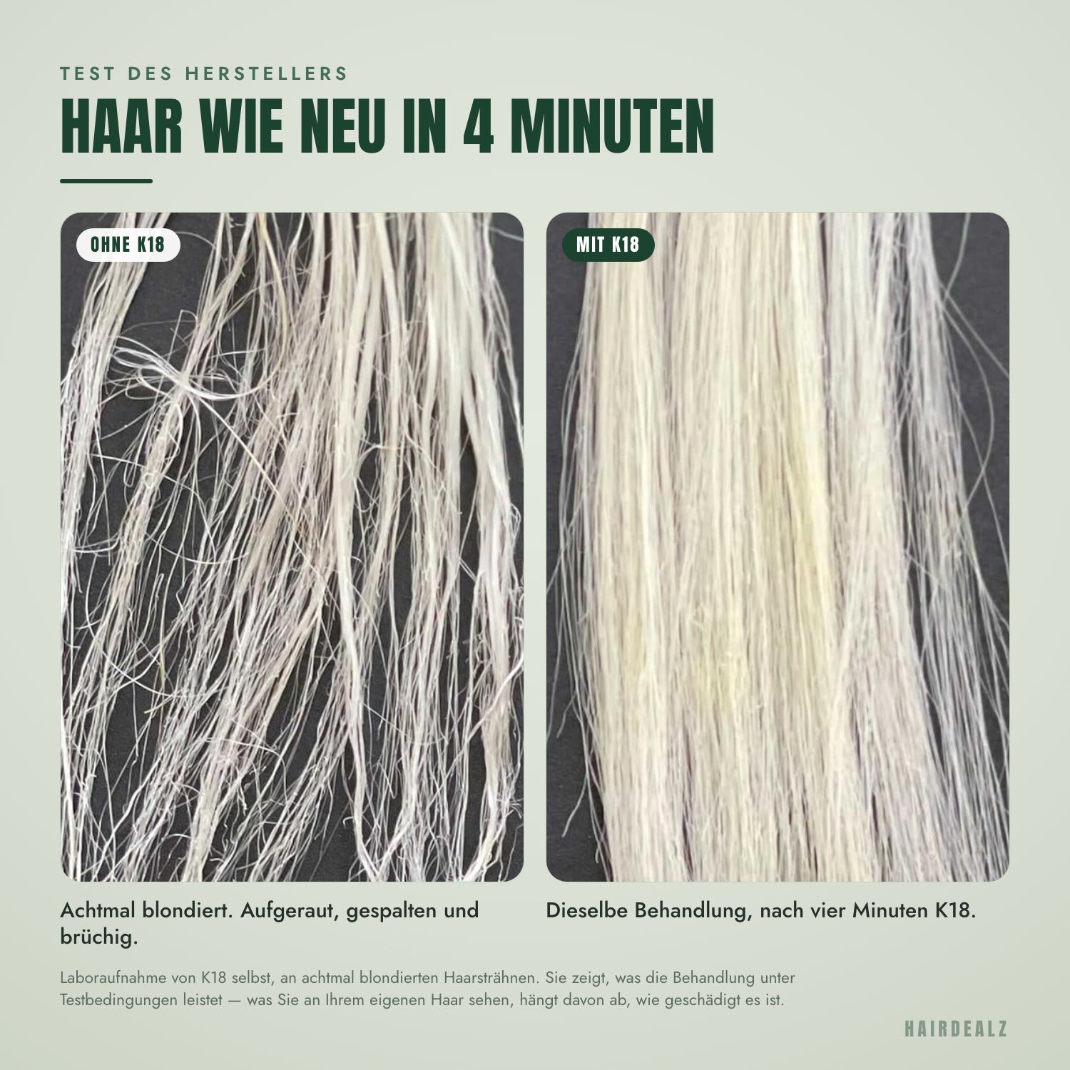 Blondierte Haarsträhnen vor und nach der K18 Leave-in Maske