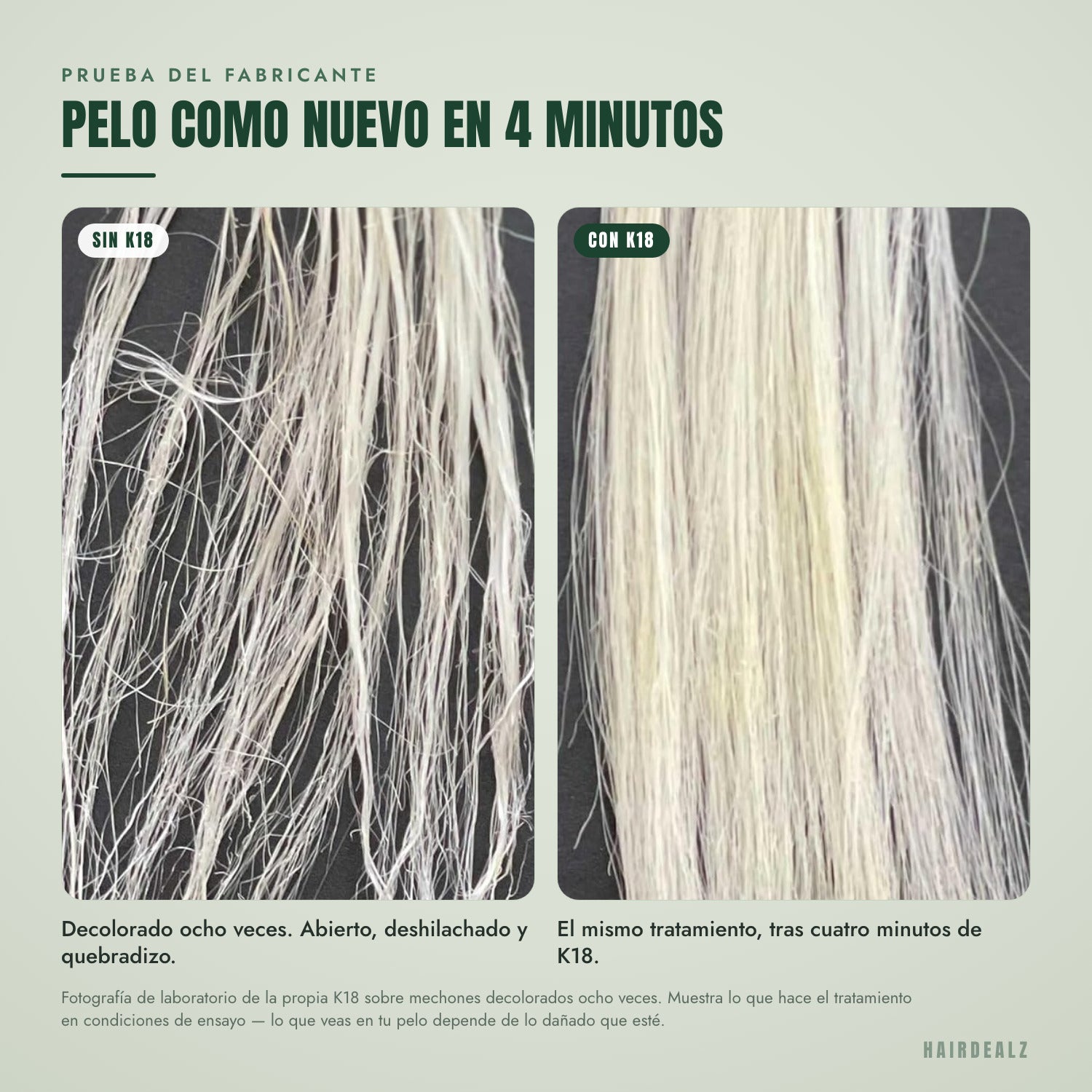 Mechones decolorados antes y después de la mascarilla K18 leave-in