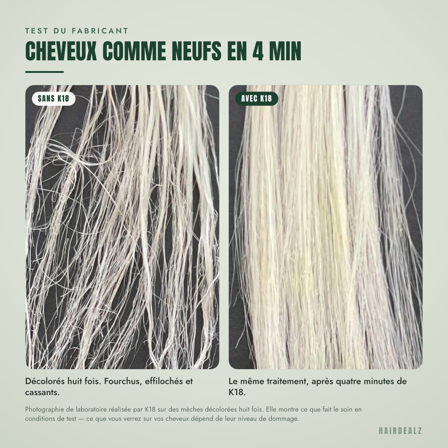 Mèches décolorées avant et après le masque K18 leave-in